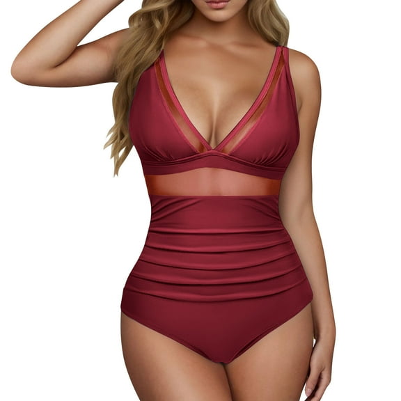 Women One Piece Swimsuit Lace Mesh Swimwear V Neck Neon Cute Bathing Suit Back Tie Swim Suits Support Push-Up Bikini Sexy Causal Swimwear Build In Bras 2025 Summer