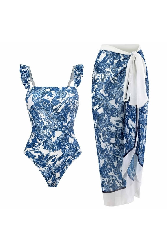 Women One Piece Swimsuit with Matching Cover Ups,Women 2 Pieces Beach Swimsuit Set with Cover up Wrap Skirt Bathing Suits Tropical Printed Halter Bikini Swimsuit