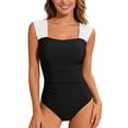 thumbnail image 1 of Women One Piece Swimsuit Retro Square Neck Tummy Control Swimwear Ruched Full Coverage Bathing Suit S, 1 of 5
