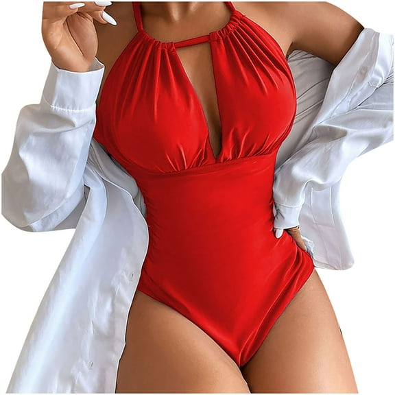 Women One Piece Swimsuit,Sexy Halter Drawstring Swimwear Solid Color Backless Beachwear Sets High Waisted Cheeky Bikini