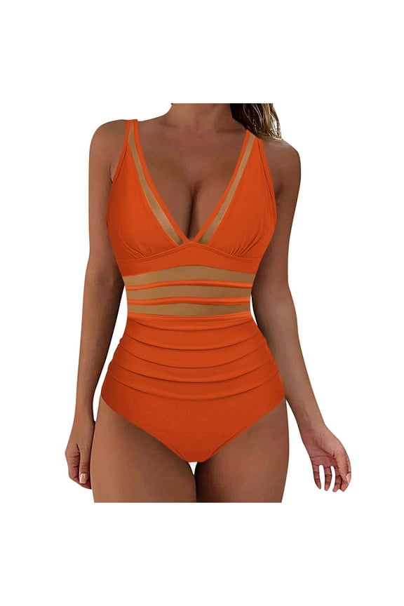 Women One Piece Swimsuit Slimming Mesh Cut out V Neck Bathing Suit Solid Color Ruched Summer Beach Swimwear (2XL, Orange)