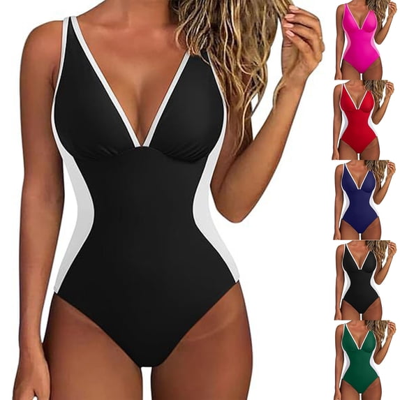 Women One Piece Swimsuit Slimming Tummy Control Deep V Neck Bathing Suit Brown S