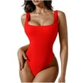 thumbnail image 1 of Women One Piece Swimsuit Solid Color Ribbed Monokini Swimwear Square Neck Low Back Tie Back Bathing Suit (M, Red), 1 of 6