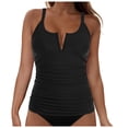 thumbnail image 1 of Women One Piece Swimsuit Solid Color V-Neck Pleated Swimwear Padded Bathing Suit, 1 of 5
