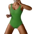 thumbnail image 1 of Women One Piece Swimsuit Solid Ribbed Monokini Swimwear Scoop Neck Low Back Bathing Suit (Army Green,S), 1 of 4