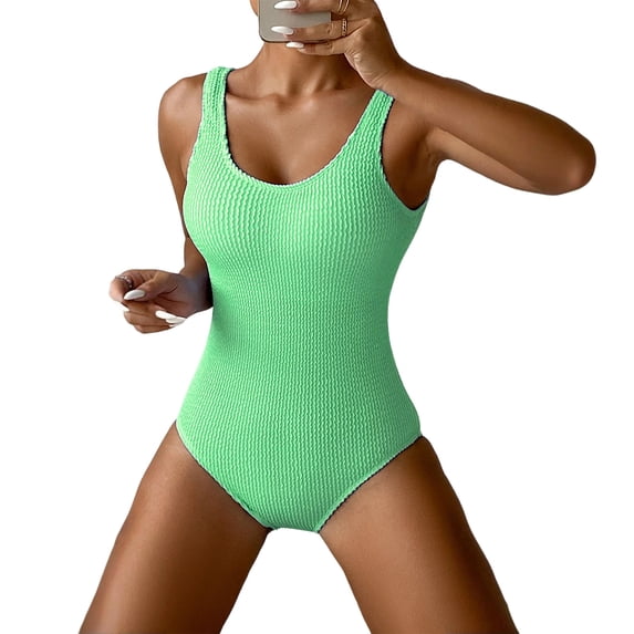 Women One Piece Swimsuit Solid Ribbed Monokini Swimwear Scoop Neck Low Back Bathing Suit (Light Green,L)