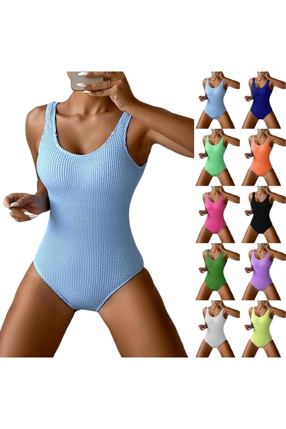 Women One Piece Swimsuit Solid Ribbed Monokini Swimwear Scoop Neck Low Back Bathing Suit Royal Blue L
