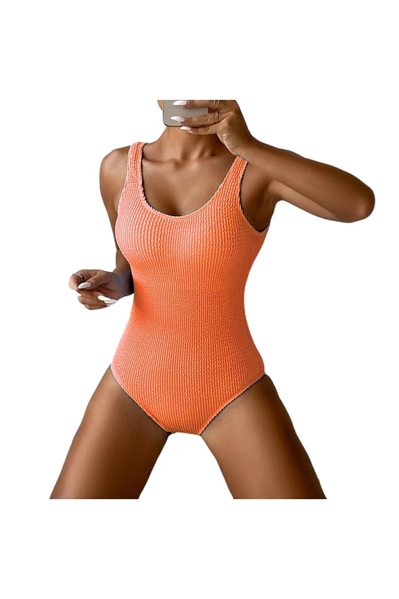 Women One Piece Swimsuit Solid Ribbed Monokini Swimwear Scoop Neck Low Back Bathing Suit (Saffron,L)