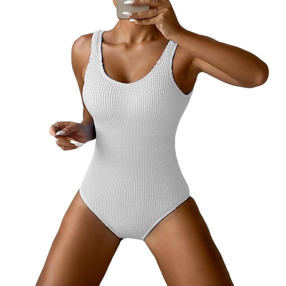 Women One Piece Swimsuit Solid Ribbed Monokini Swimwear Scoop Neck Low Back Bathing Suit (White,M)