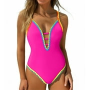 Women One Piece Swimsuit Tummy Control Swimwear Deep V Neck Neon Cute Bathing Suit Back Tie Swim Suits Support Push-Up Bikini Sexy Causal Swimwear 2025 Summer