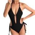 thumbnail image 1 of Women One-Piece Swimsuit Women's One Piece Swimsuit V Neck Keyhole Cutout O Ring Backless Bathing Suit High Cut Monokini Lace-Up Swimwear Black L, 1 of 3