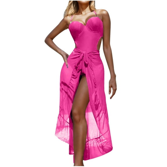 Women One Piece Swimsuit with Sarong Ruffled Cover Up Wrap Skirt Cross Back Cut Out Push up Bikini Bathing Suits (L, Hot Pink)
