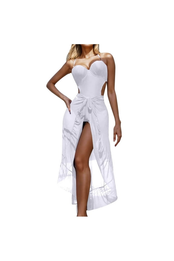 Women One Piece Swimsuit with Sarong Ruffled Cover Up Wrap Skirt Cross Back Cut Out Push up Bikini Bathing Suits (M, White)