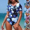 thumbnail image 1 of Women One Piece Swimsuits Crew Neck Short Sleeve Back Cutout Bathing Suit Slimming Stretchy Swimwear (XL, Blue), 1 of 5