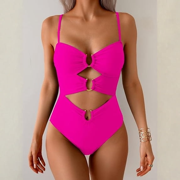 Women One Piece Swimsuits Cutout Full Coverage Bathing Suit Ring Link Ruched Monokini Beach Swimwear Hot Pink M