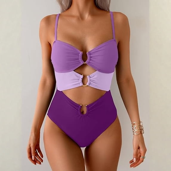 Women One Piece Swimsuits Cutout Full Coverage Bathing Suit Ring Link Ruched Monokini Beach Swimwear Purple M