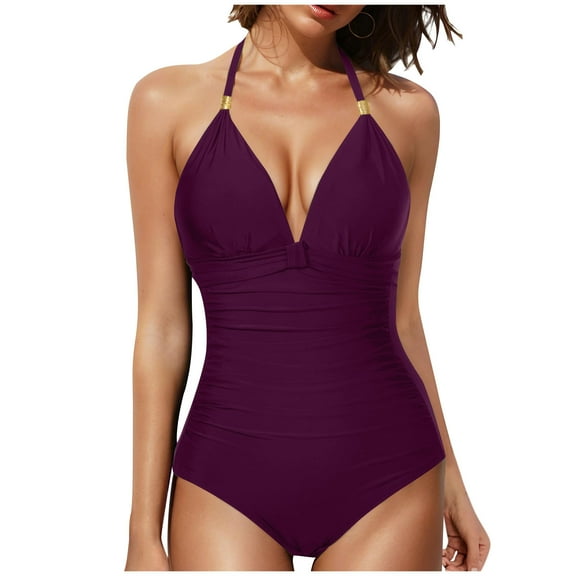 Women One Piece Swimsuits Solid Color Bathing Suits Halter V Neck Swimwear High Cut Swimsuit Swimsuits One Piece