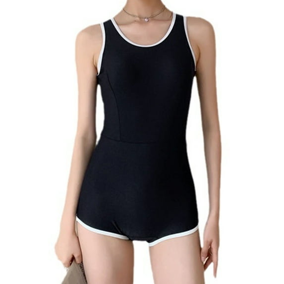 Women One Piece Swimsuits Sports Adjustable Strap Bathing Suit Color Block Open Back Swimwear with Boy Shorts (M, Black)