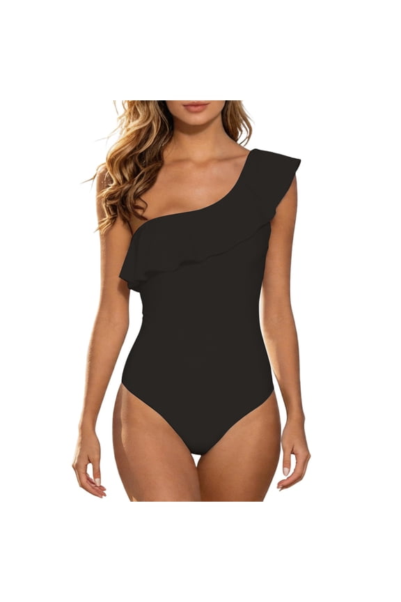 Women One Piece Swimwear One Shoulder Ruffle Design Bathing Suit Solid Color Padded Summer Swimsuit L
