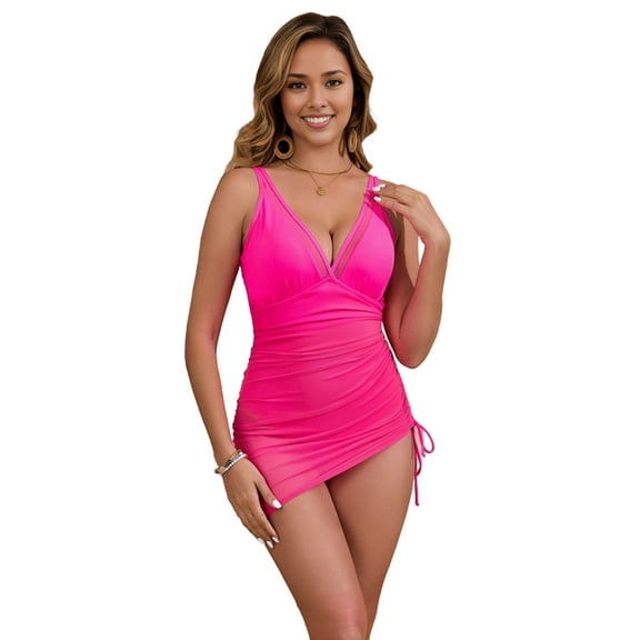 Women One Piece Tummy Control Swim Dress Front Bathing Suits Mesh Sheer Sarong Wrap Slimming Swimwear Rose Pink S