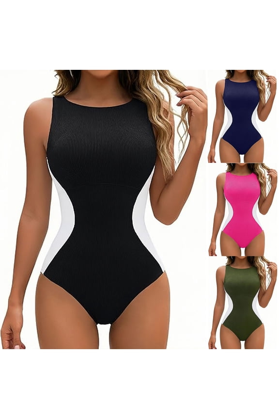 Women One Piece Tummy Control Swimsuit Ribbed Color Block Bathing Suits Backless High Neck Swim Suit Black L