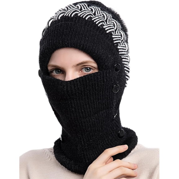 Women One-Piece Winter Warm Beanie Hats Fleece Lined Knit Cap Balaclavas Mask Set Skull Neck Scarf with Pompom