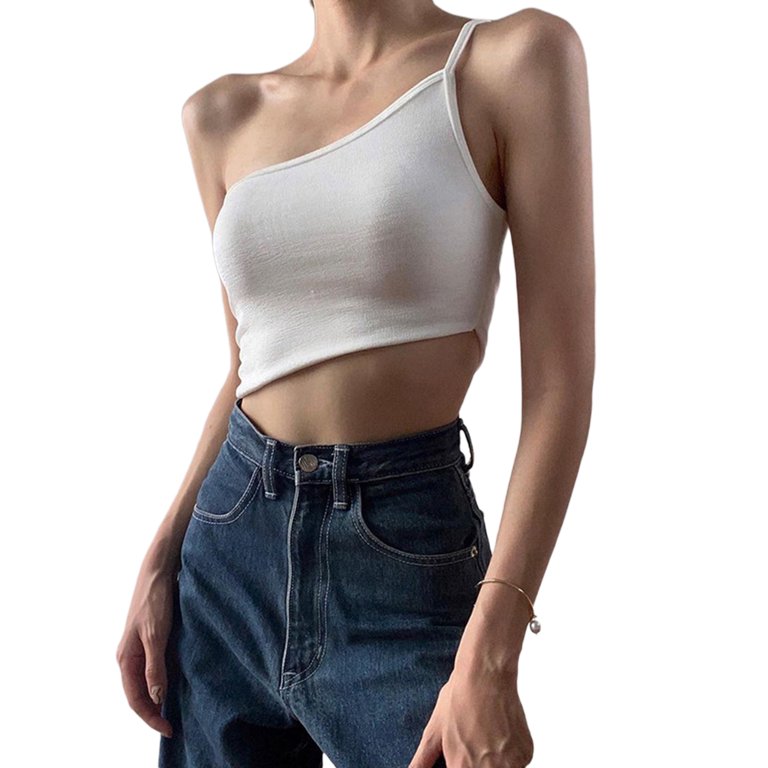 Women One Shoulder Backless Cami Crop Top E Girl Spaghetti Strap Slim  Camisole Sleeveless Strappy Tees Tank Tops