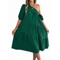 thumbnail image 1 of Women One Shoulder Beach Vacation Casual Puff Sleeve Tiered A Line Flowy Sun Dress Green M, 1 of 9