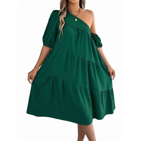 Women One Shoulder Beach Vacation Casual Puff Sleeve Tiered A Line Flowy Sun Dress Green M