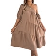 thumbnail image 1 of Women One Shoulder Beach Vacation Casual Puff Sleeve Tiered A Line Flowy Sun Dress Khaki XL, 1 of 9