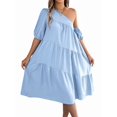 thumbnail image 1 of Women One Shoulder Beach Vacation Casual Puff Sleeve Tiered A Line Flowy Sun Dress Light Blue L, 1 of 9
