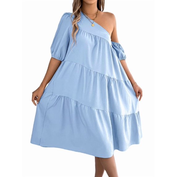 Women One Shoulder Beach Vacation Casual Puff Sleeve Tiered A Line Flowy Sun Dress Light Blue L