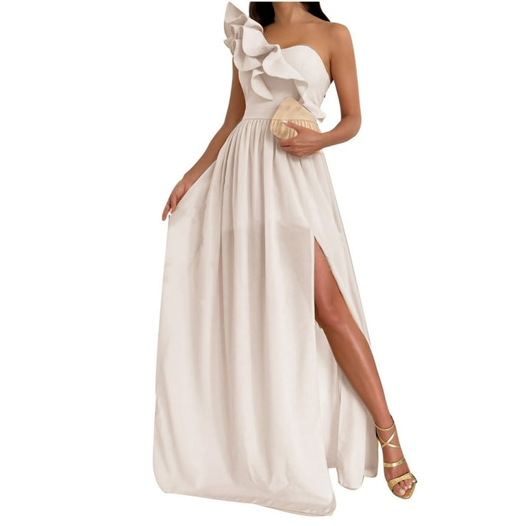 Fartey Women One Shoulder Dress Tunic Ruffle Strap Solid Color Sundress Trendy Side Split Hem Zipper Back Party Maxi Dresses Women s Size XL