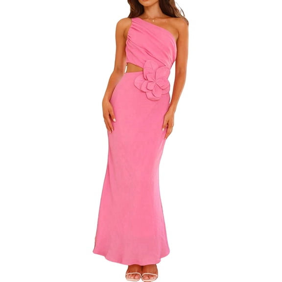 Women One Shoulder Long Dress 3D Flower Sleeveless Waist Out Out Cocktail Summer Party Bodycon Dresses Red XL