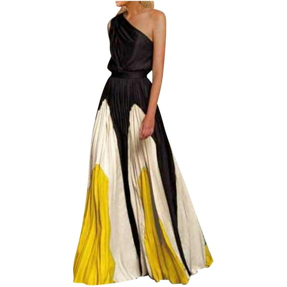 Women One Shoulder Long Maxi Dresses Trendy Colorblock Sleeveless Elegant Pleated Flowy Dress Evening Party Gowns