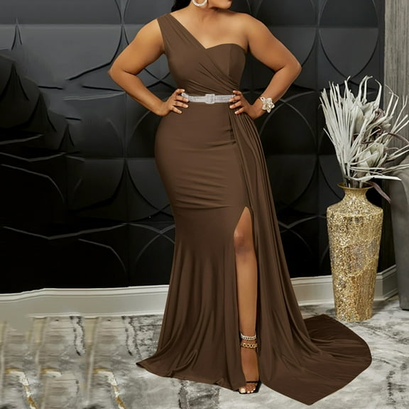 Women One Shoulder Long Prom Dress Elegant Bodycon Maxi Formal Party Evening Gowns With Slit Brown L