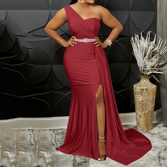 Women One Shoulder Long Prom Dress Elegant Bodycon Maxi Formal Party Evening Gowns With Slit L