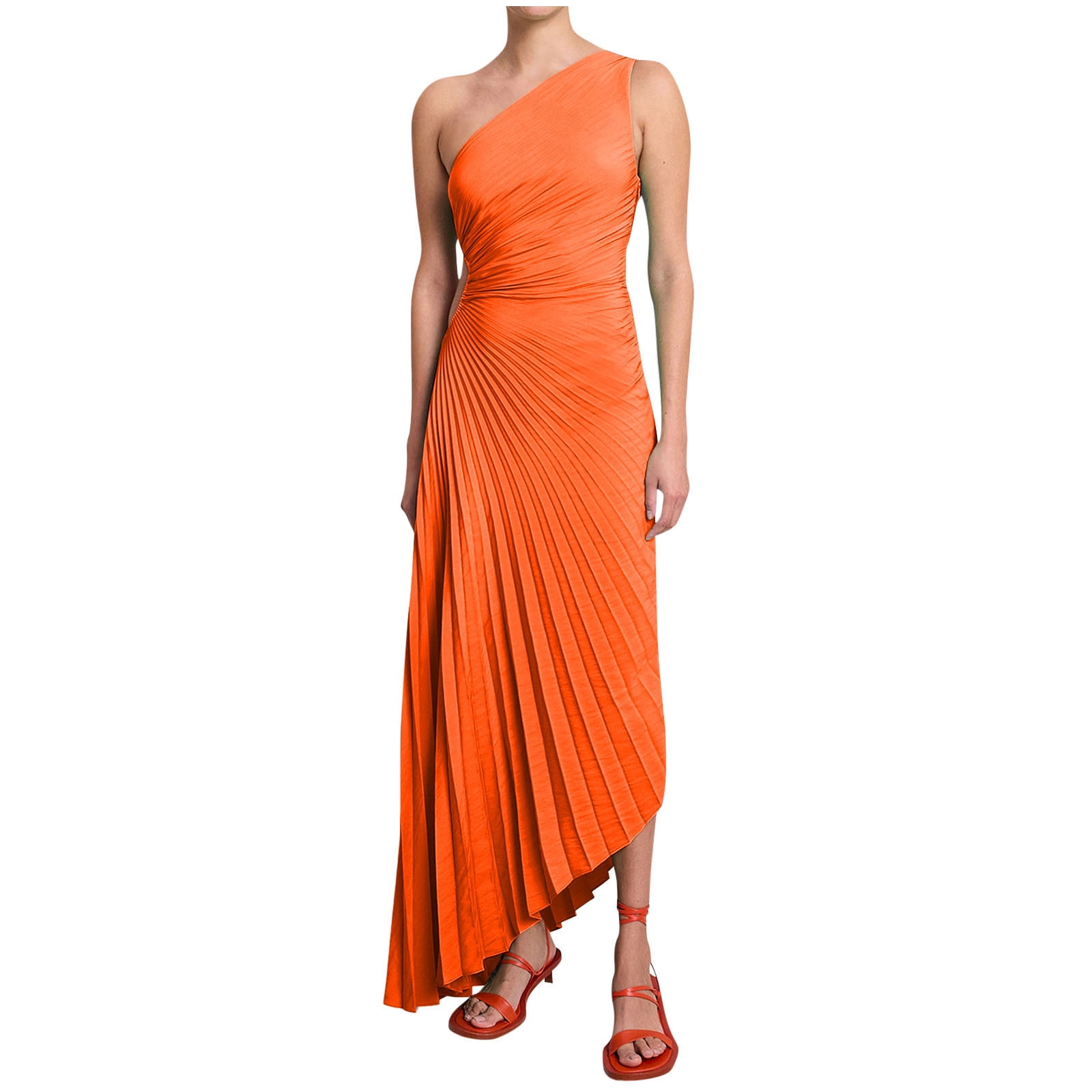 Women’s One Shoulder Pleated Maxi Dress with Asymmetrical Hem