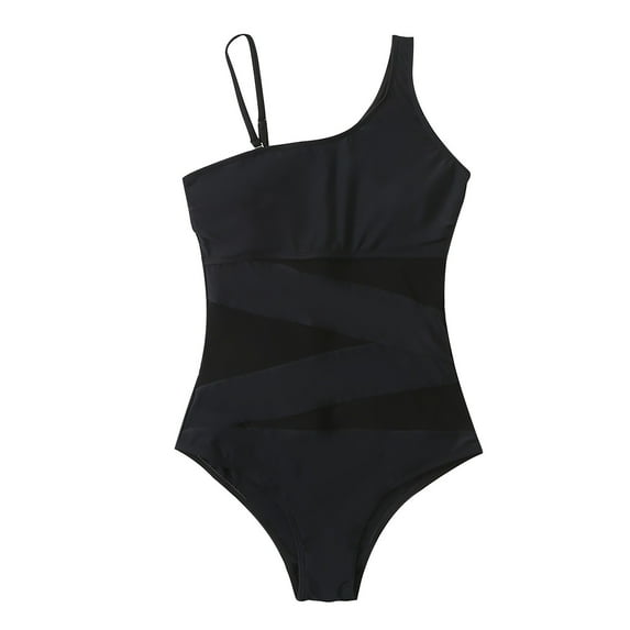 Women One Shoulder One Piece Swimsuits Full Coverage Cutout Mesh Sexy Bathing Suits Tummy Control Athletic Swimwear