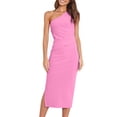 thumbnail image 1 of Women One Shoulder Ruched Cocktail Midi Dress Elegant Casual Party Bodycon Wedding Guest Dress Evening Prom Dresses Pink L, 1 of 5