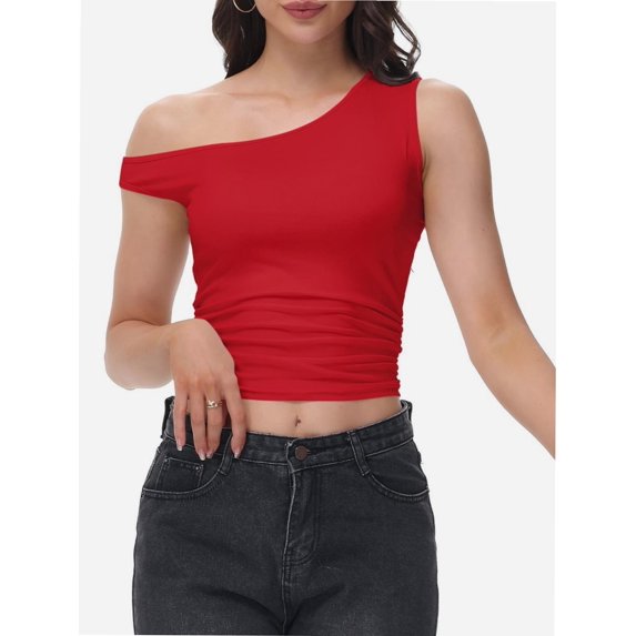 Women One Shoulder Ruched Crop Tank Tops Casual Off The Shoulder Twist Strap Summer Tanks Tops Going Out Crop Shirts