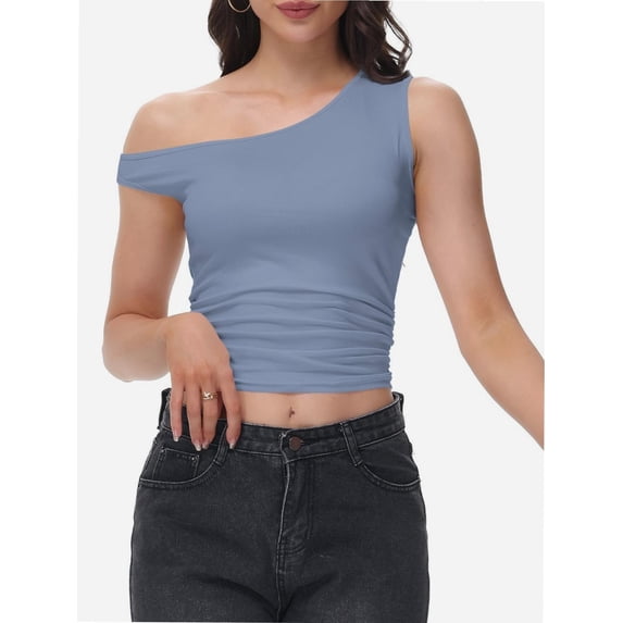 Women One Shoulder Ruched Crop Tank Tops Casual Off The Shoulder Twist Strap Summer Tanks Tops Going Out Crop Shirts