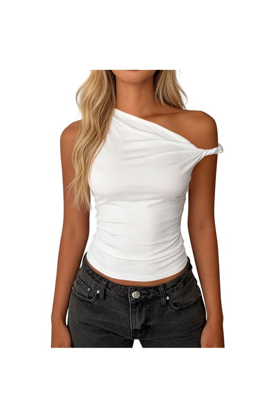 Women One Shoulder Ruched Crop Tank Tops Casual Off The Shoulder Twist Strap Tanks Tops Summer Going Out Crop Shirts