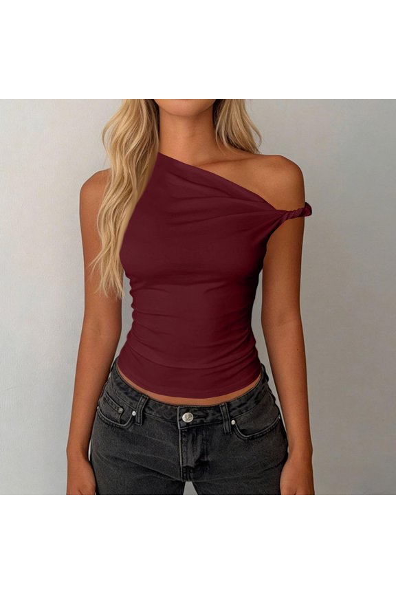 Women One Shoulder Ruched Crop Tank Tops Casual Trending Twist One Shoulder Summer Tanks Tops Going Out Crop Shirts