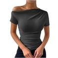 thumbnail image 1 of Women One Shoulder Ruched Short Sleeve T Shirt Summer Fashion Casual Solid Color Slim Fit Tee Top Streetwear, 1 of 6