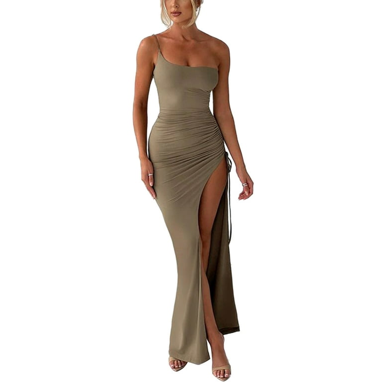 Women One Shoulder Strap Ruched High Split Dress Solid Backless Drawstring  Bodycon Long Dress Party Clubwear