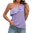 thumbnail image 1 of Women One Shoulder Top Summer Eyelet Ruffle Trim Sleeveless Pure Color Top for Female Purple M, 1 of 8