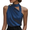thumbnail image 1 of Women One Shoulder Tops Satin Silk Bow Tie Mock Neck Sleeveless Pleated Tunic Blouse Elegant Casual Clothes (XL, Navy), 1 of 5