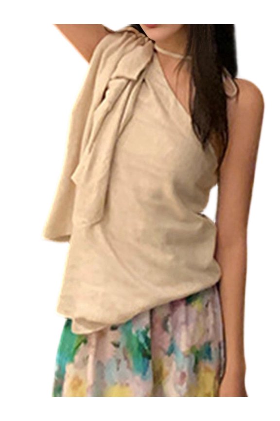 Women One Shoulder Tops Solid Shirts Loose Tank Top Oat Rice L