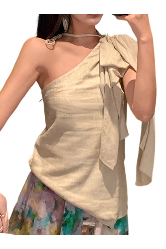 Women One Shoulder Tops Solid Shirts Loose Tank Top Oat Rice L